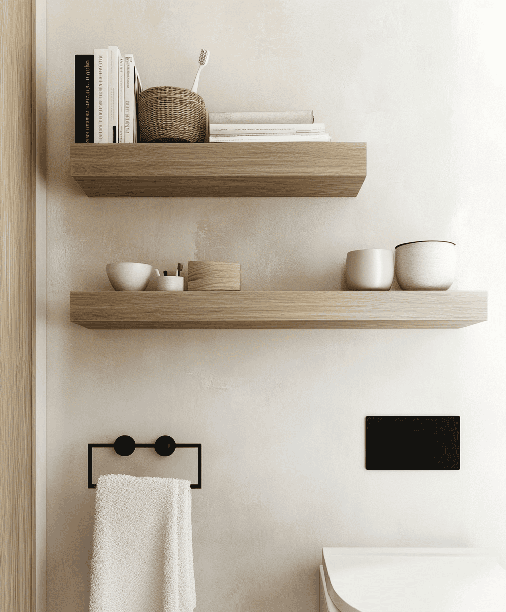 Toilettes modernes avec étagères bois clair et porte-revues noir minimaliste