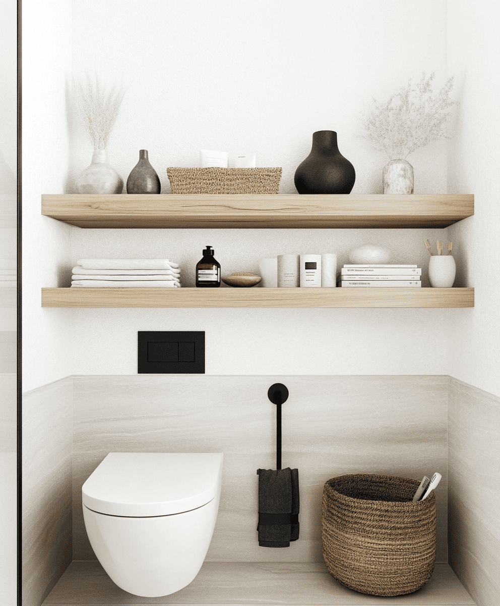 Toilettes modernes avec étagères bois clair et porte-revues noir minimaliste
