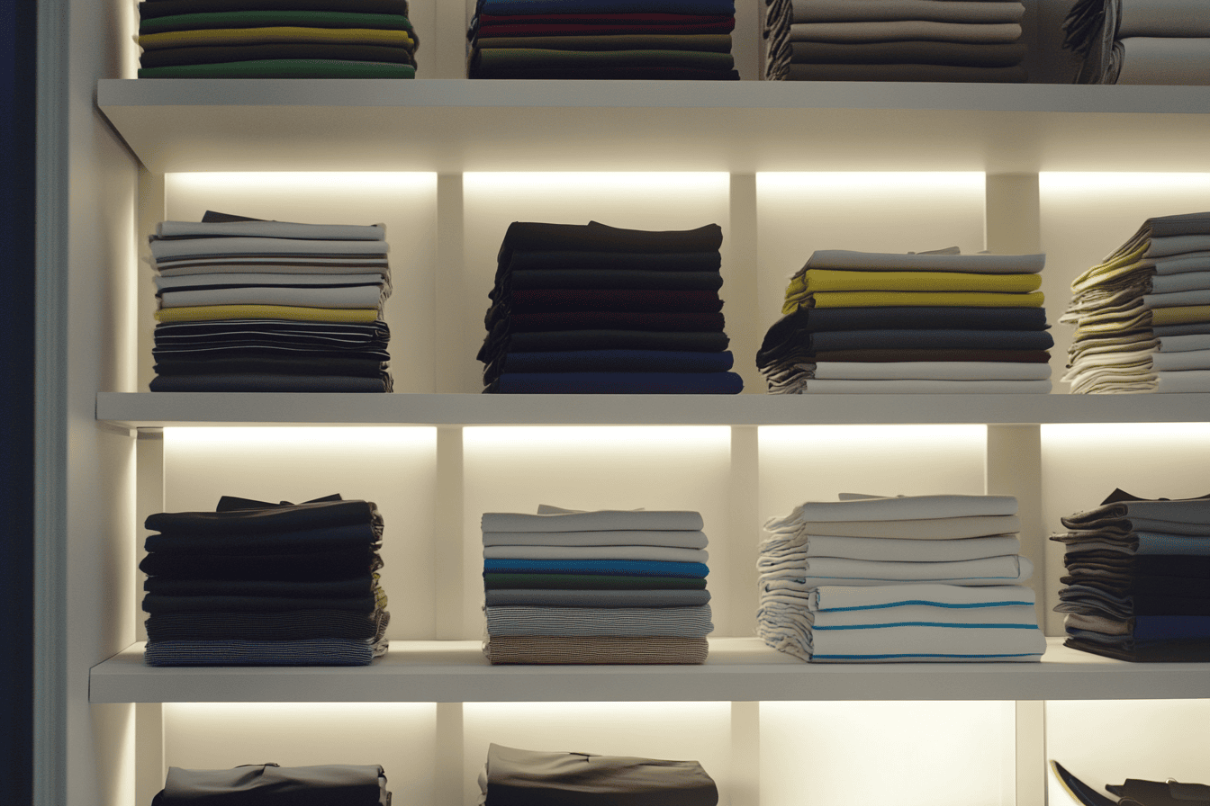 Étagères de dressing avec piles de vêtements bien ordonnées.