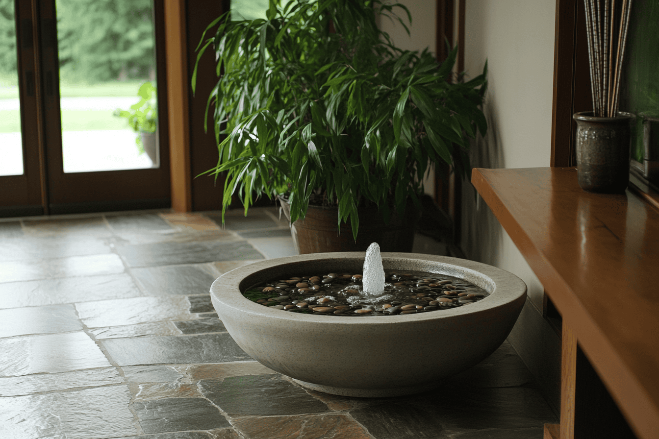 Fontaine Feng Shui décorative dans une entrée avec pierres naturelles et verdure apaisante.