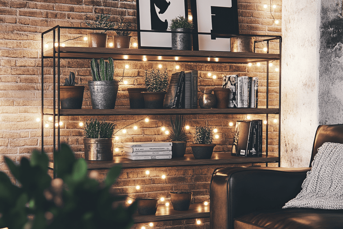 Suspensions métalliques et guirlande lumineuse créant une ambiance cocooning industrielle