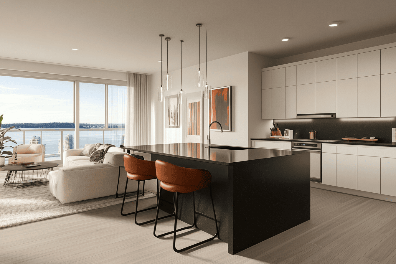 Îlot central noir mat avec tabourets en cuir entre cuisine minimaliste et salon lumineux