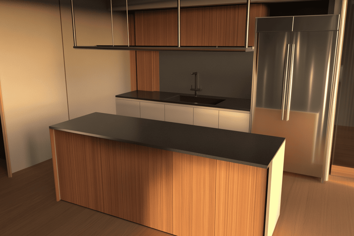 Cuisine fermée moderne avec un îlot compact optimisant l’espace.