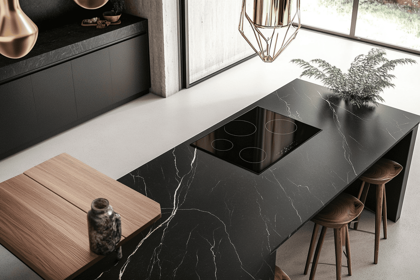 Cuisine moderne avec un îlot intégrant une plaque de cuisson et un coin repas.