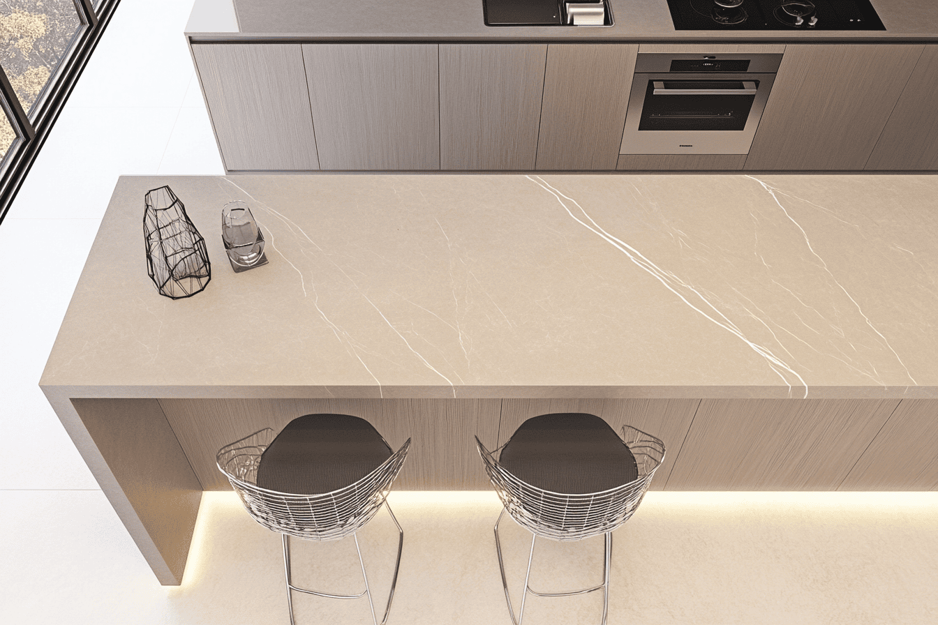 Vue de haut d’un îlot central avec un dégagement de 90 cm tout autour.