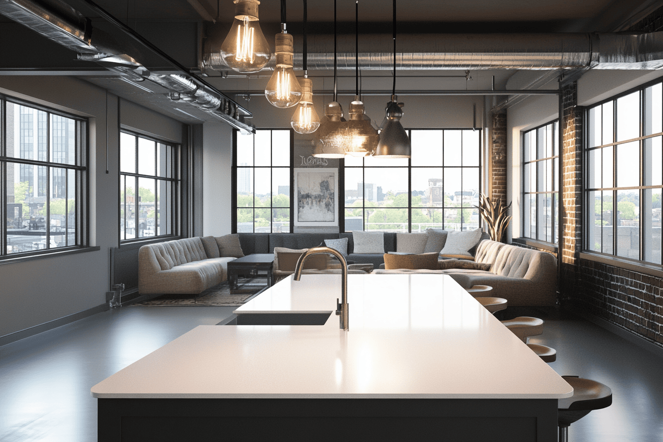 Cuisine avec un îlot long traversant une pièce de vie, intégrant un espace repas.