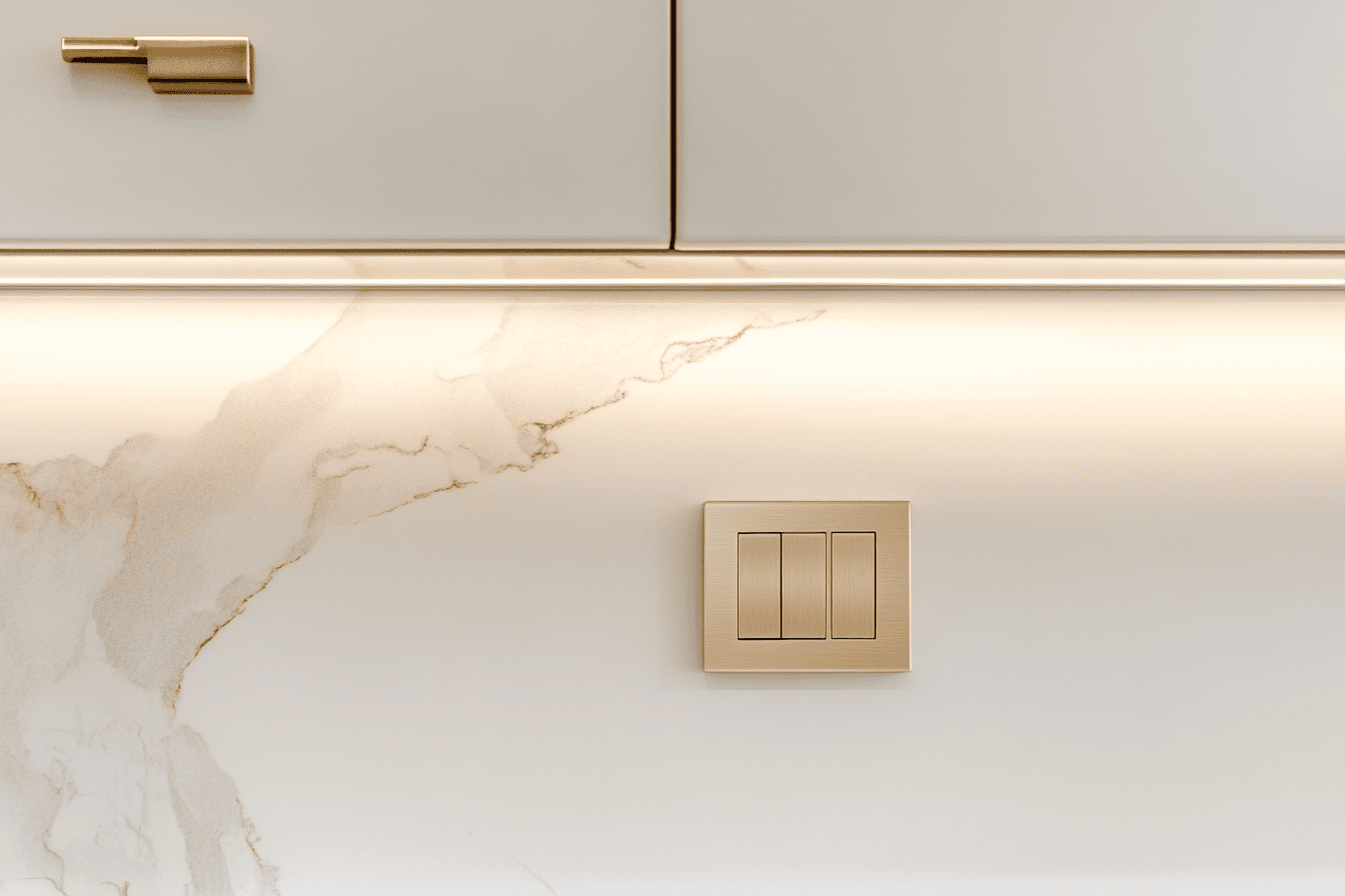 Finitions en laiton doré et poignées noir mat pour une cuisine élégante