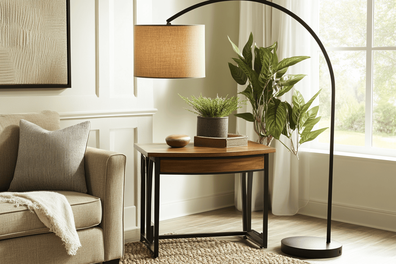 Lampadaire noir élégant et lampe de table assortie sur console bois dans un salon cosy