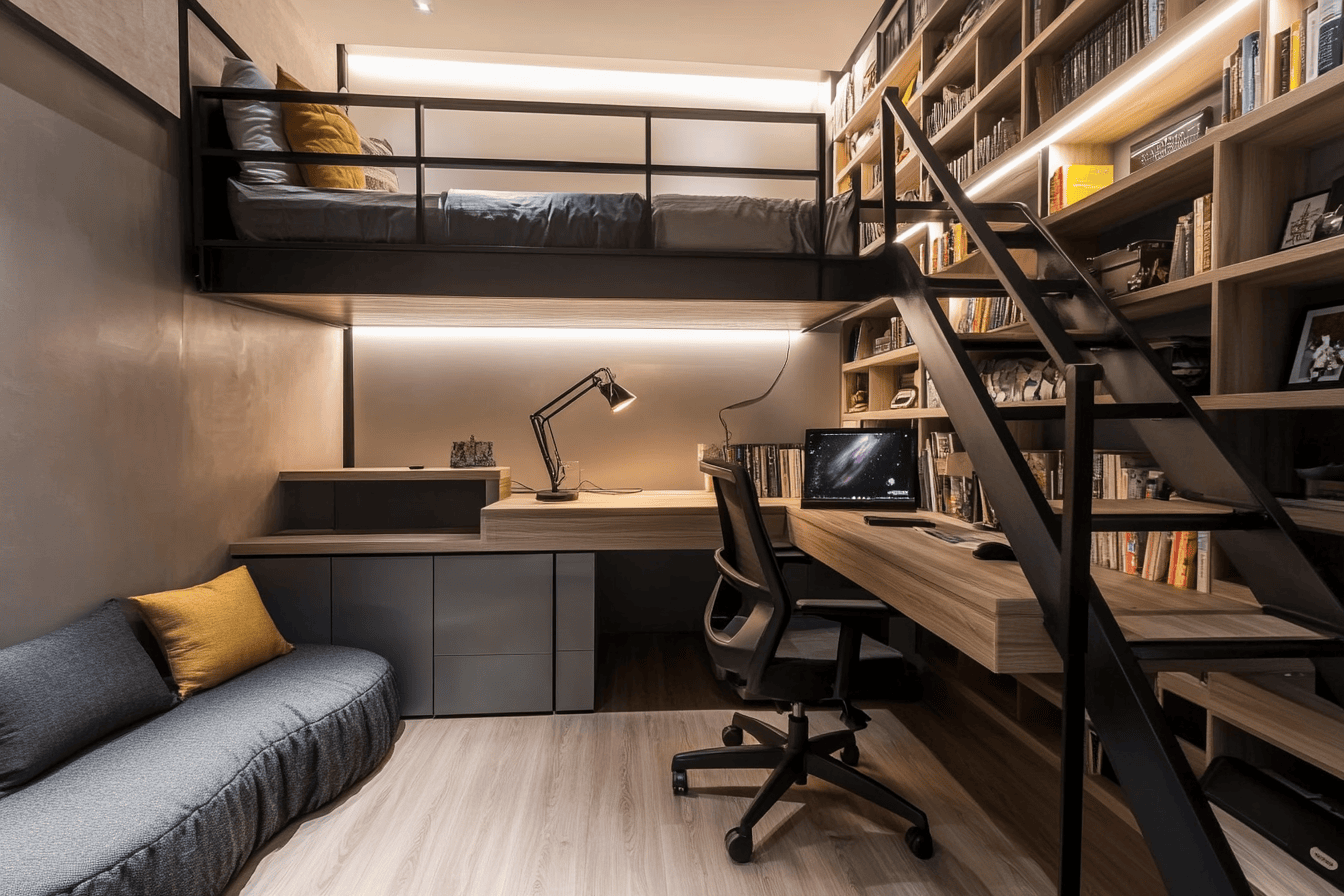 Chambre ado avec lit mezzanine, bureau et coin détente
