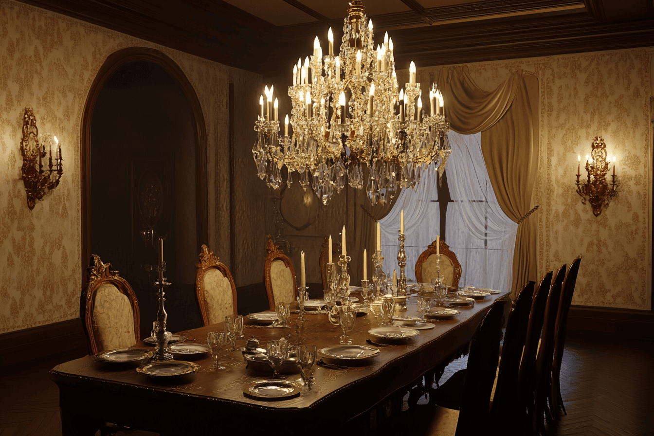 Lustre à pampilles dans une salle à manger raffinée d’inspiration victorienne