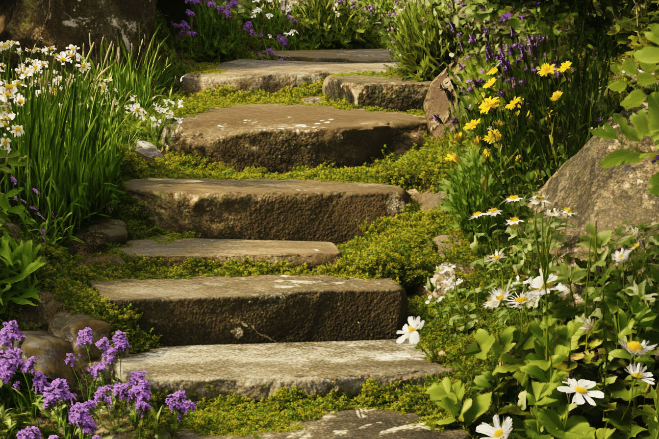 Marches en pierre recouvertes de mousse et bordées de fleurs sauvages dans un jardin en pente.