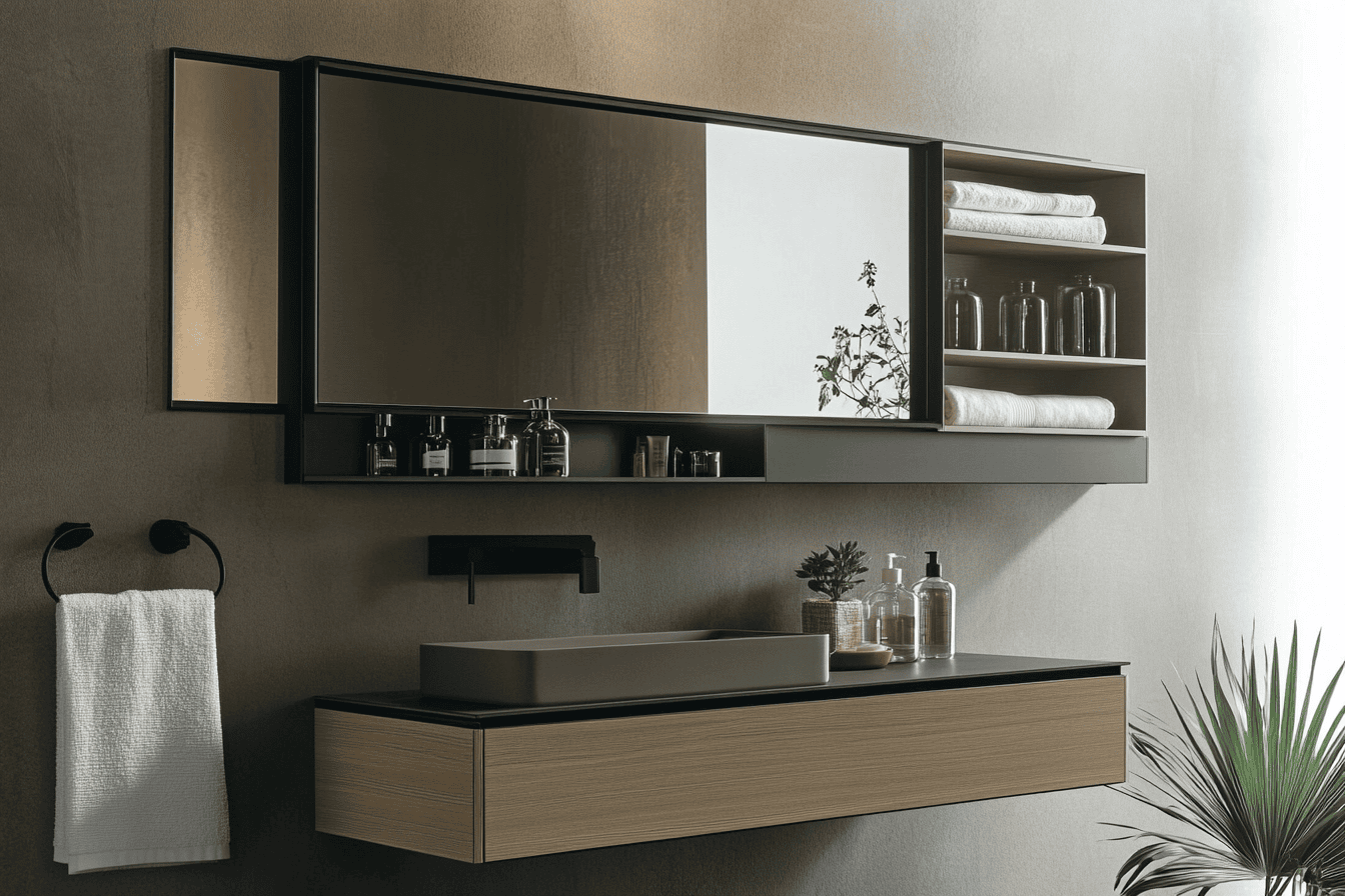 Miroir avec rangement intégré au-dessus d’un meuble vasque suspendu en bois clair