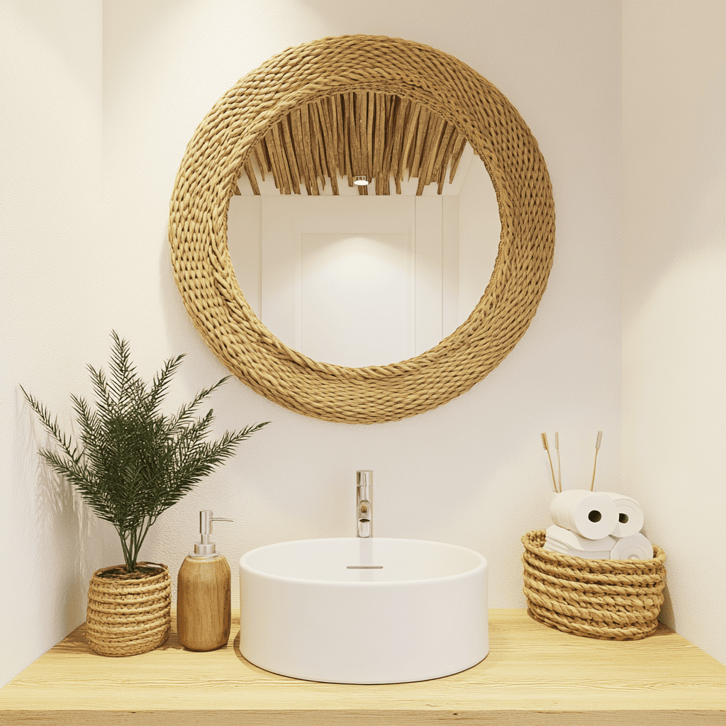 Miroir rond en rotin au-dessus du lavabo avec paniers en fibres naturelles