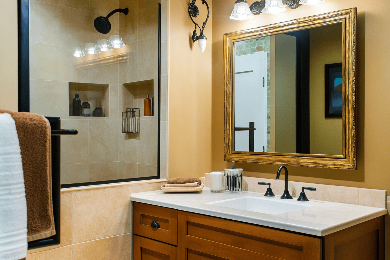 Miroir vertical avec cadre doré au-dessus d’un meuble en bois naturel