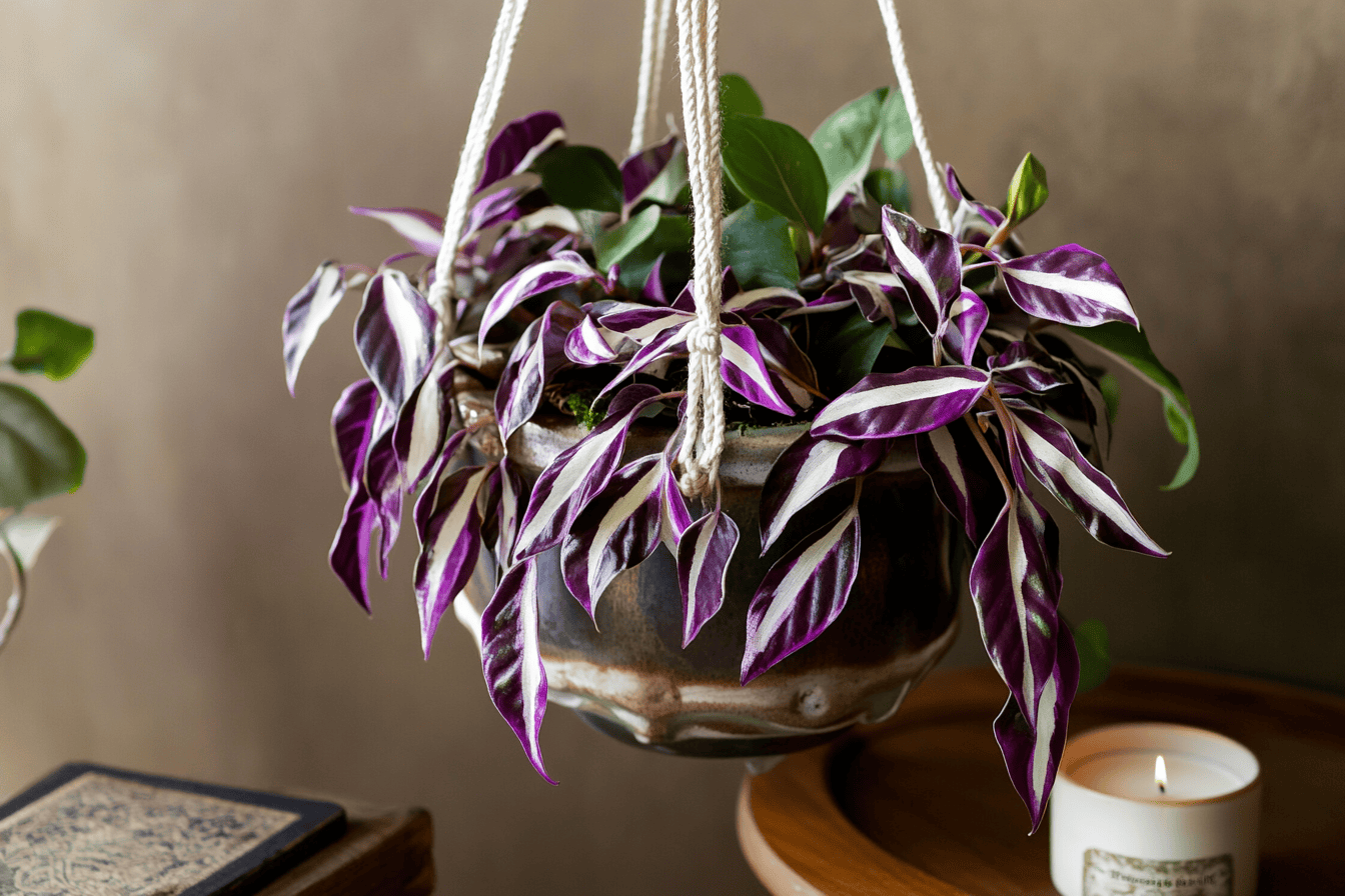 Misère suspendue dans un pot, aux feuilles violet argenté