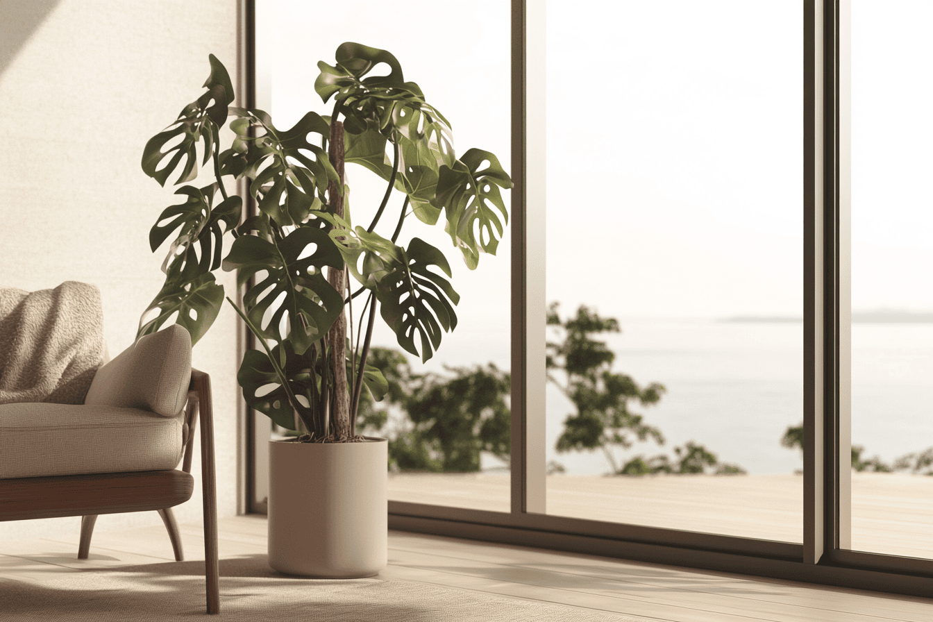 Monstera obliqua grimpant sur un tuteur dans un intérieur contemporain