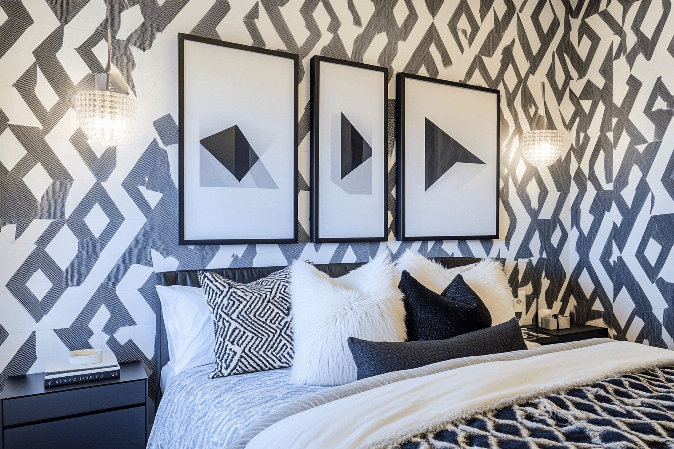 Mur d’accent avec papier peint géométrique et cadres noirs alignés au-dessus du lit