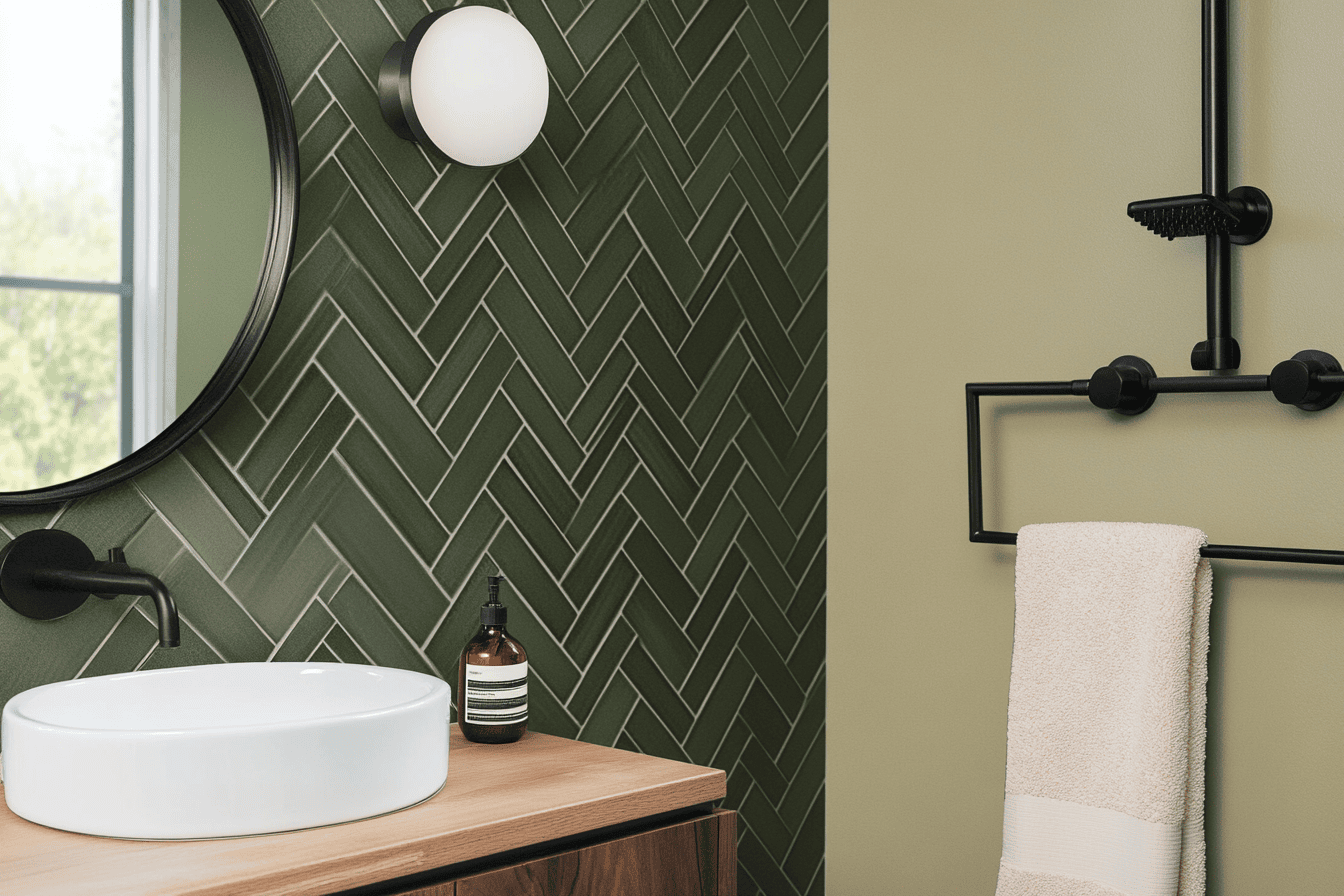 Mur en carrelage vert en chevrons avec peinture taupe dans une petite salle de bain