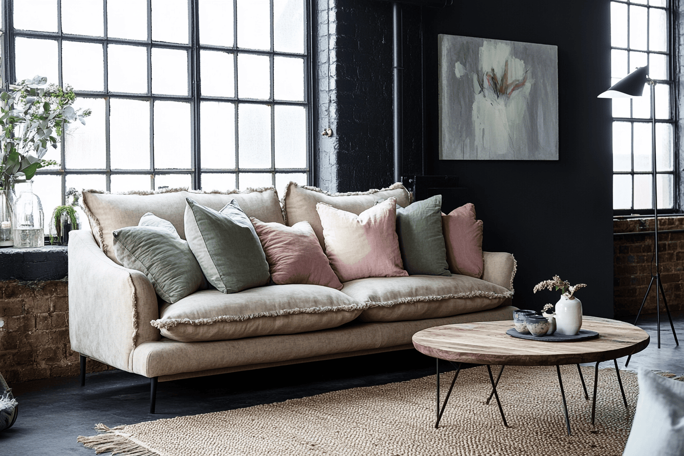 Mur gris anthracite et accessoires pastel dans un salon cosy au style industriel