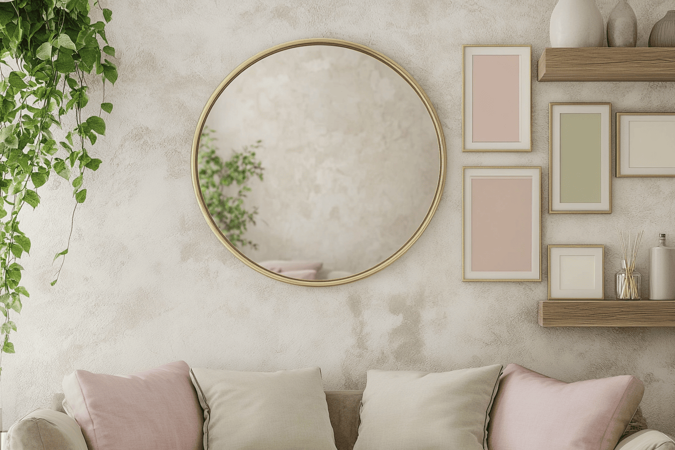 Mur décoré avec miroir et cadres pastel dans un salon chaleureux et lumineux