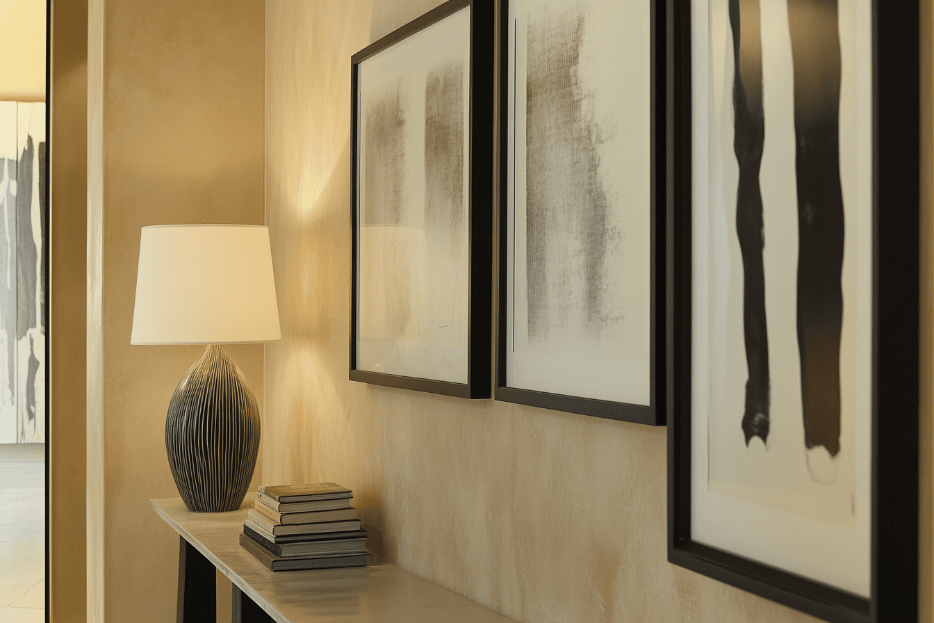 Mur en peinture sablée beige clair dans un couloir avec cadres noirs et luminaires design