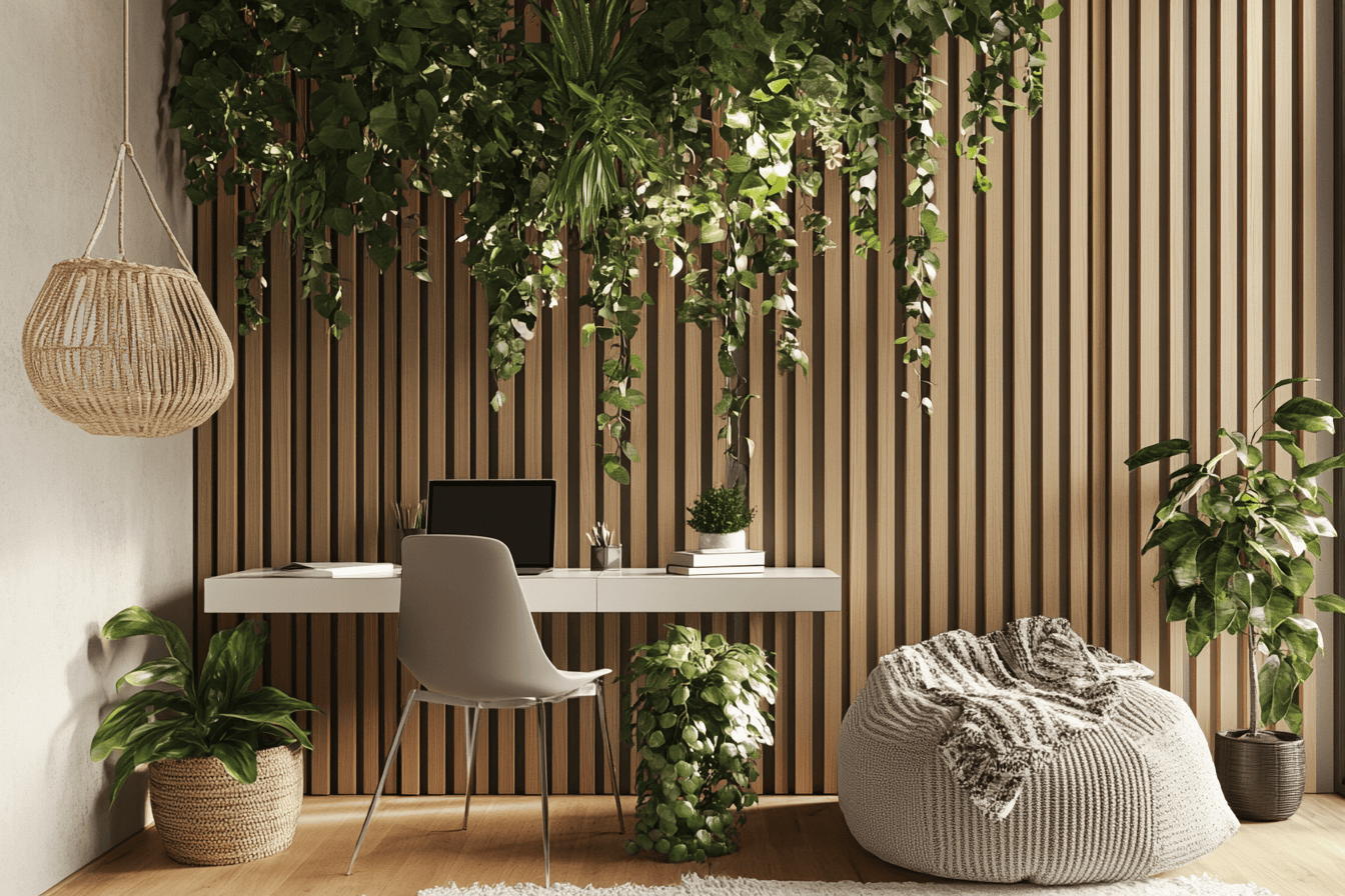 Mur de tasseaux en bois avec plantes suspendues dans une chambre d’ado