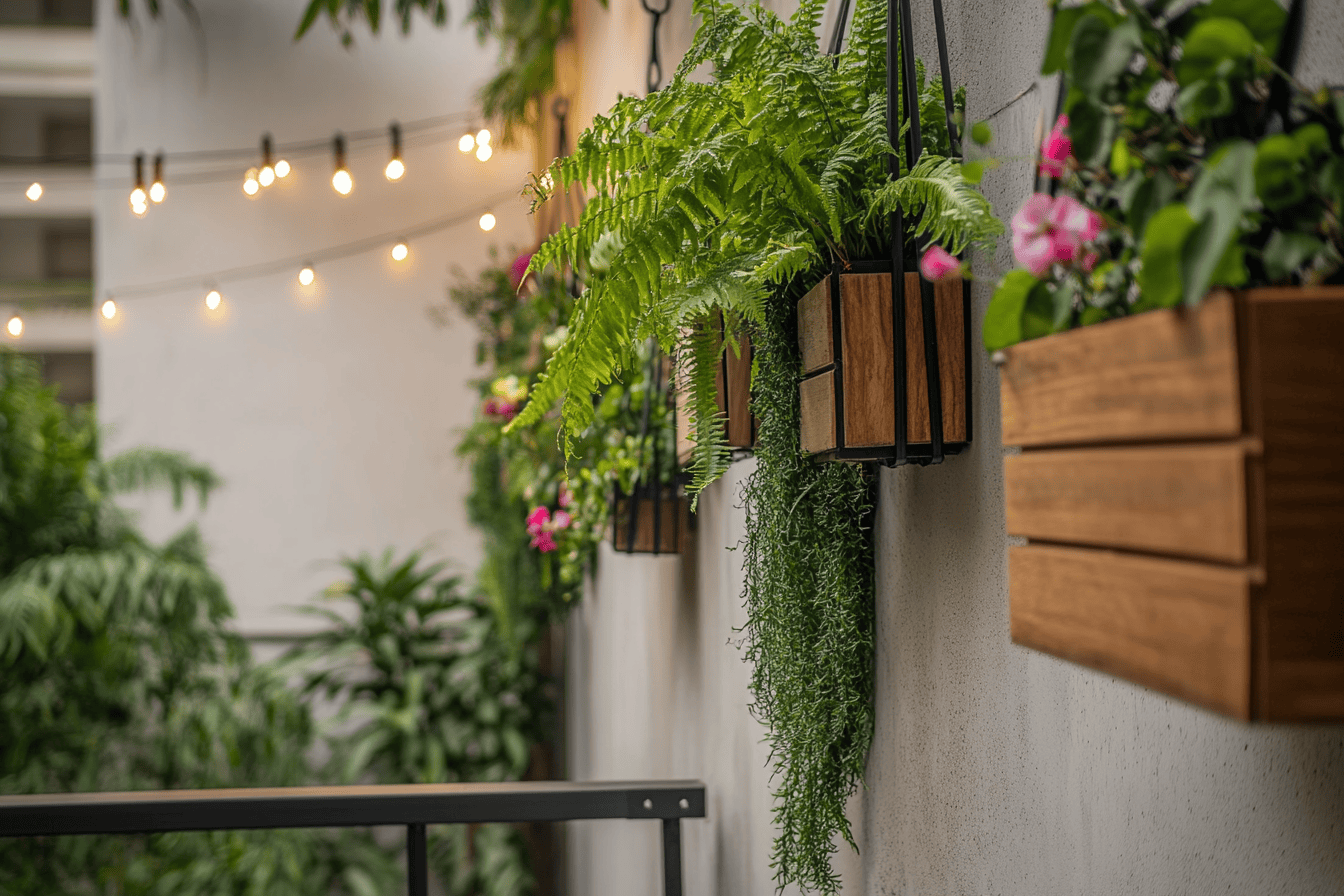 Mur végétal luxuriant avec pots suspendus et guirlandes lumineuses sur balcon