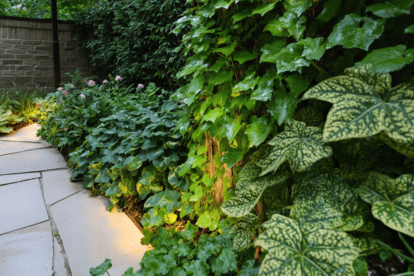 Mur végétal luxuriant avec éclairage LED et plantes grimpantes sur un mur de soutènement.