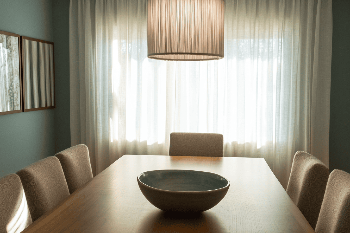 Salle à manger avec mur vert d’eau et rideaux assortis pour une ambiance douce