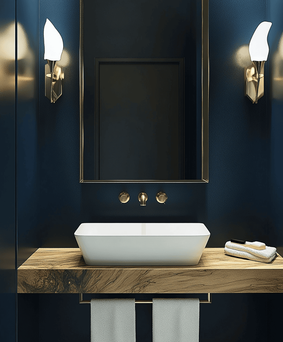 Toilettes aux murs bleu marine avec détails dorés et vasque en céramique blanche