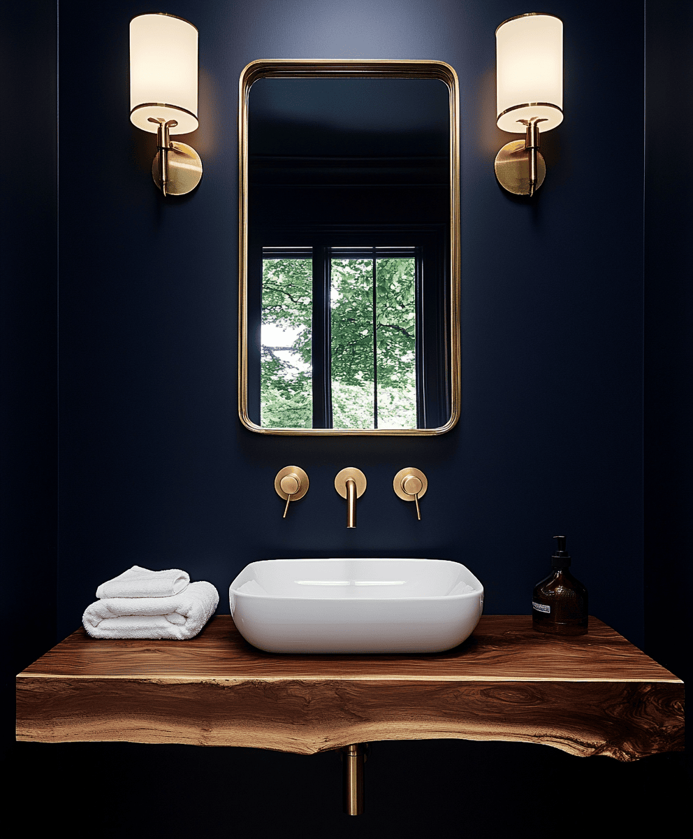 Toilettes aux murs bleu marine avec détails dorés et vasque en céramique blanche