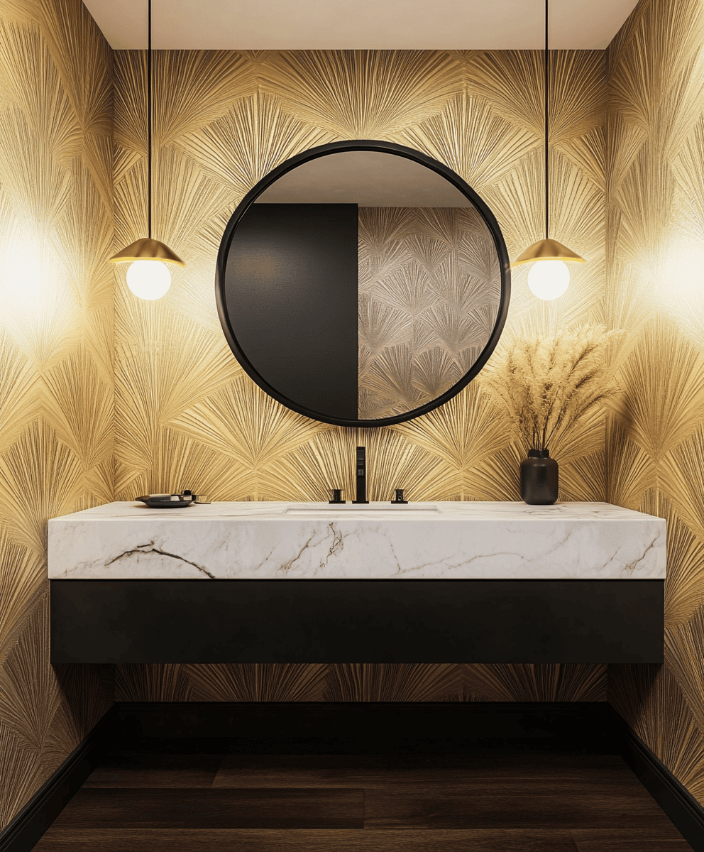 Toilettes élégantes avec papier peint art déco doré et miroir noir ovale