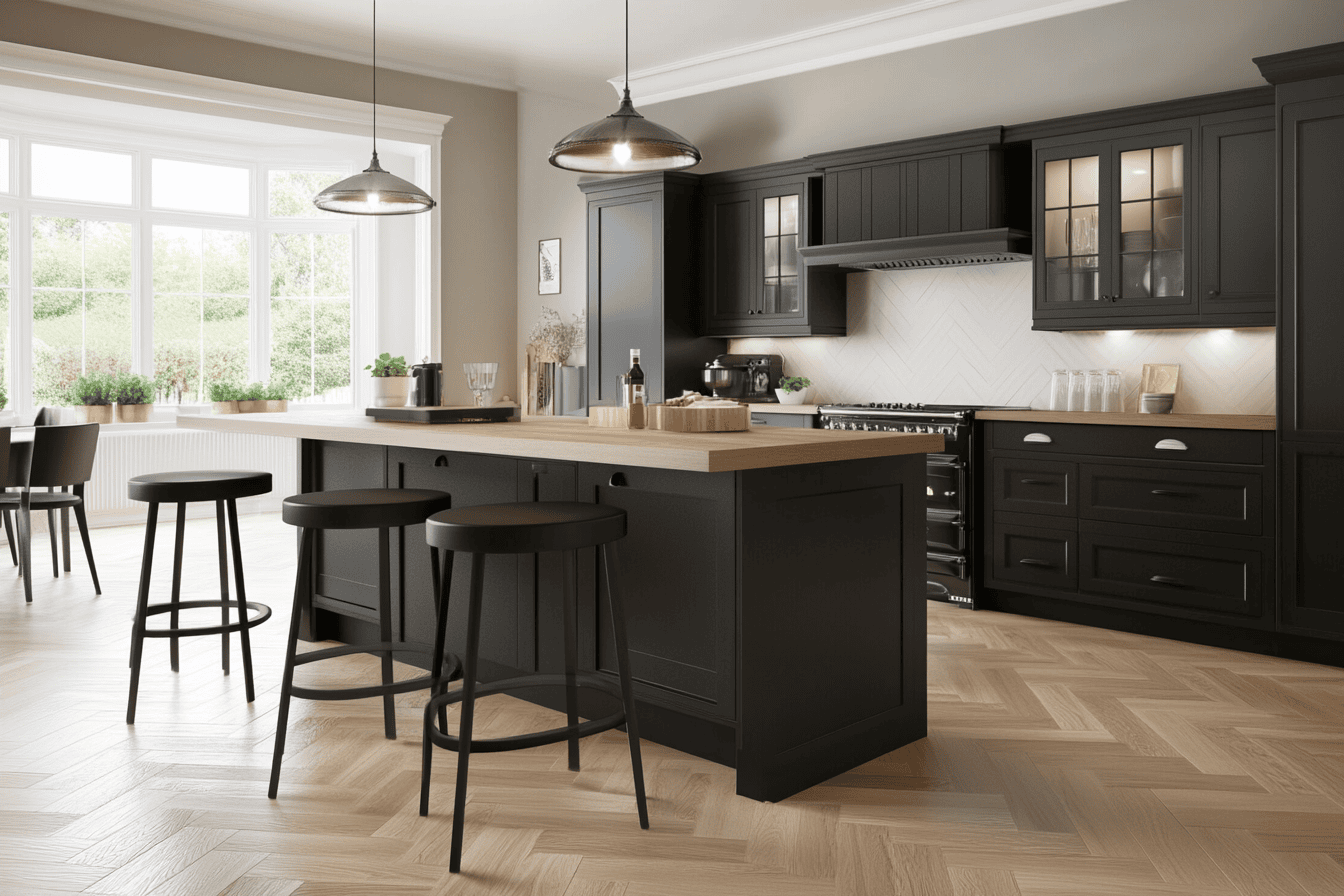 Sol en parquet clair contrastant avec meubles noirs et plan de travail en bois foncé