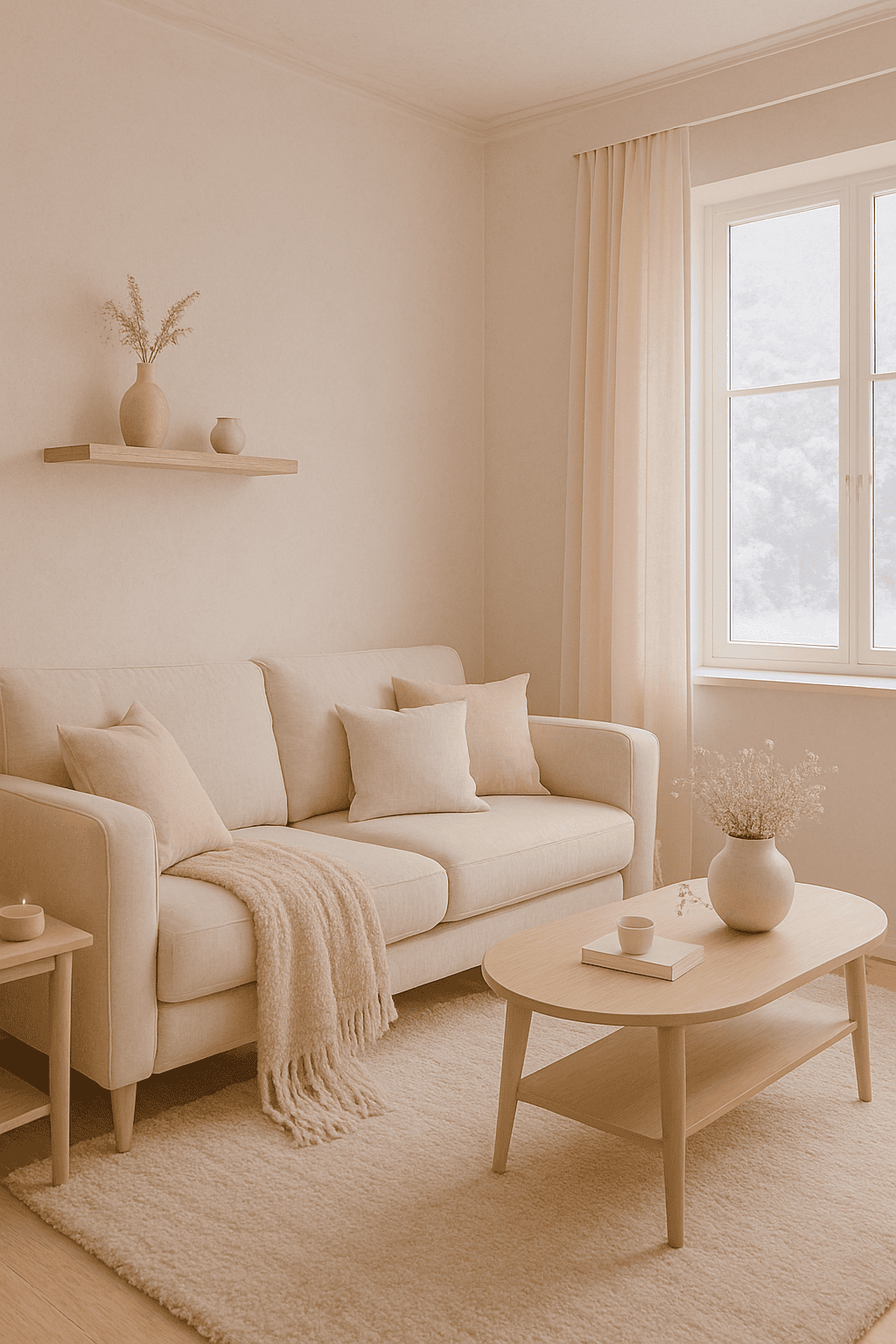 Salon style pastel avec canapé beige, coussins rose poudré et rideaux légers