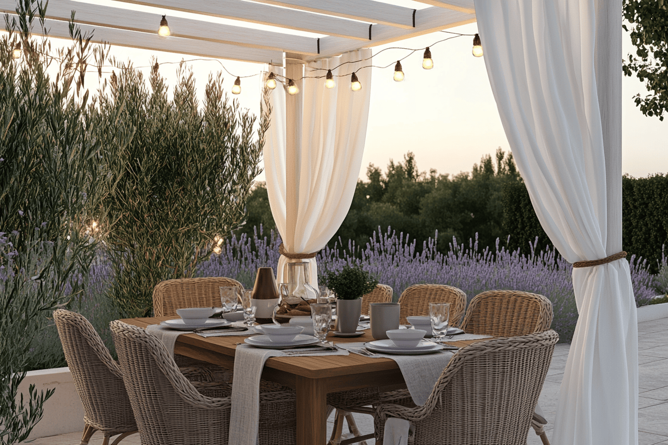 Pergola blanche avec rideaux en lin et guirlandes lumineuses pour coin repas cosy