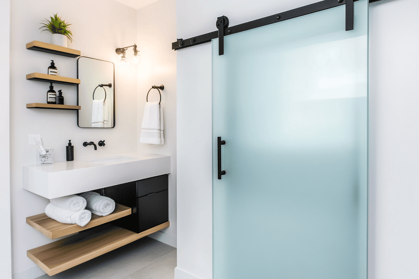 Salle de bain compacte avec porte à galandage en verre dépoli laissant passer la lumière
