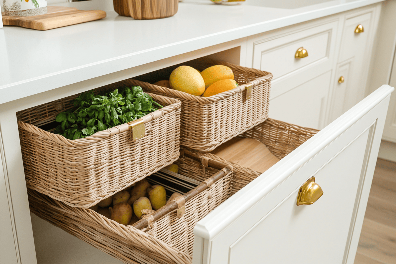 Rangements en osier coulissants dans une petite cuisine fonctionnelle