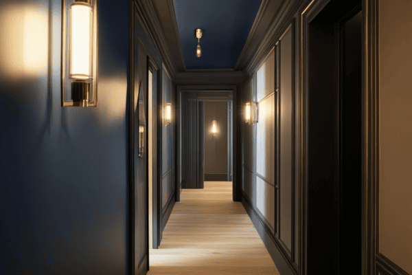 Plafond bleu nuit dans un couloir aux murs taupe et appliques dorées