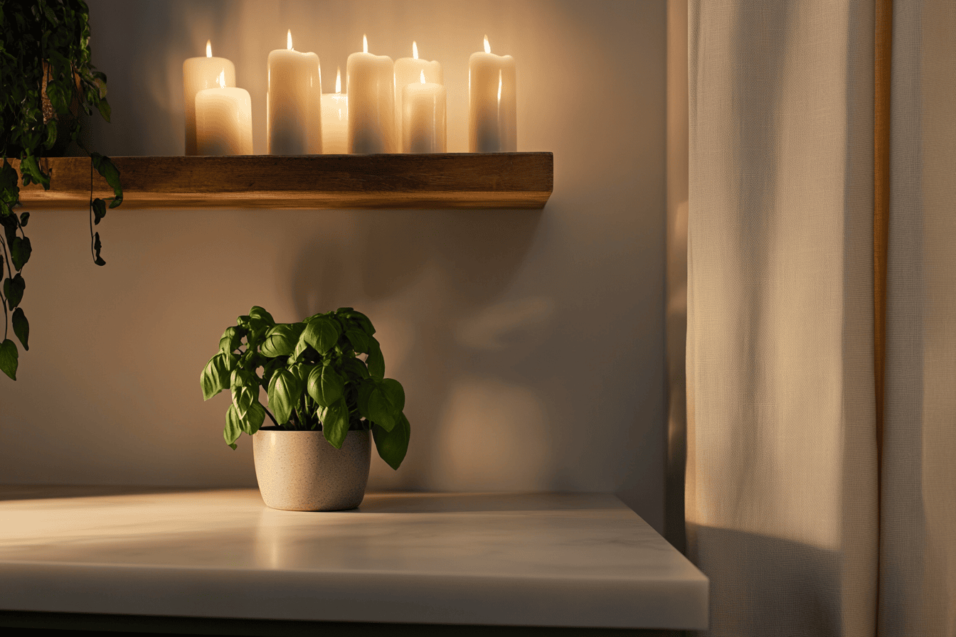Petite plante verte et bougies sur étagère dans une cuisine chaleureuse