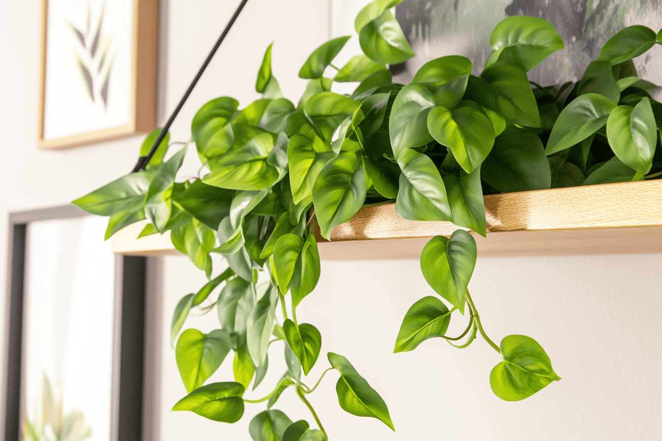 Pothos tombant en cascade depuis une étagère en bois clair