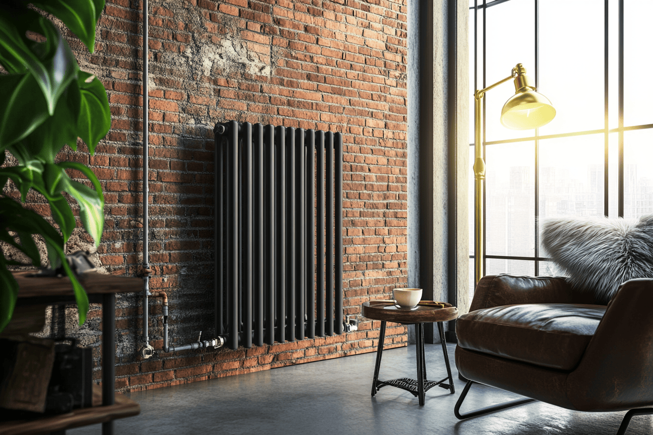 Radiateur anthracite moderne sous verrière dans un salon au style industriel