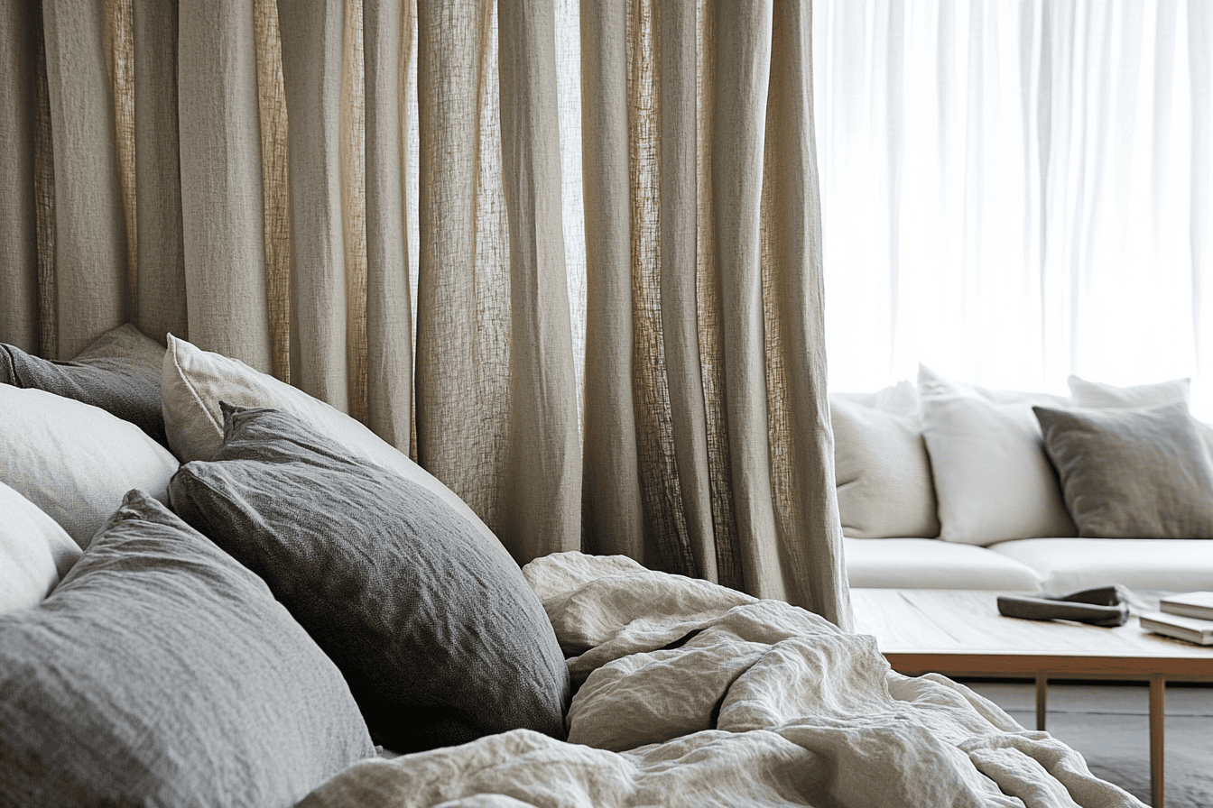 Rideaux en lin beige séparant un lit douillet d’un salon cosy