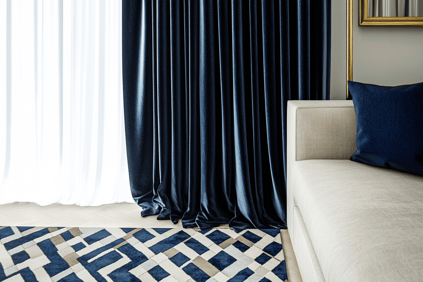 Rideaux en velours bleu avec canapé gris clair et tapis à motifs géométriques