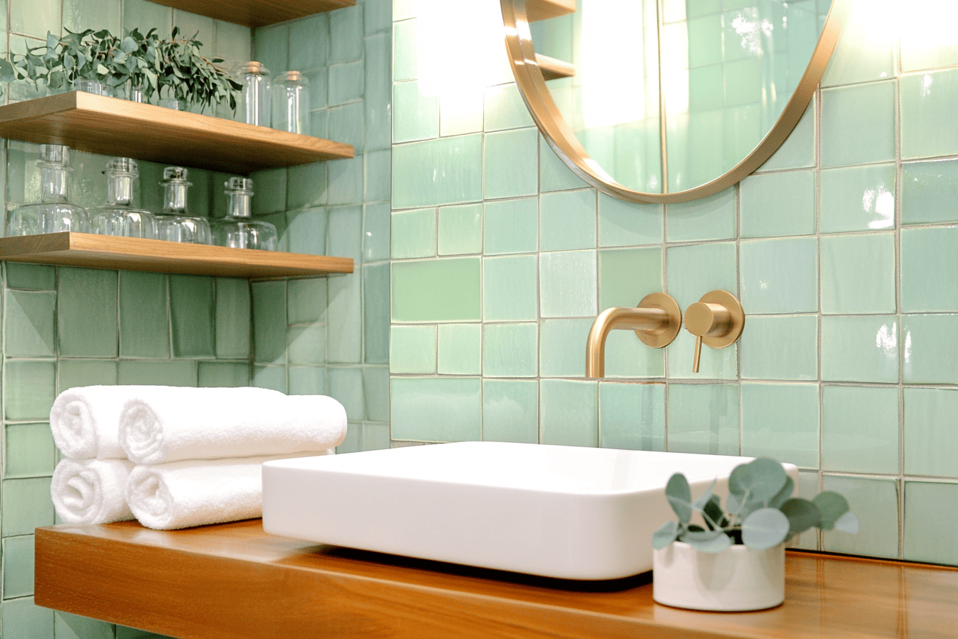 Salle de bain épurée avec carreaux vert d’eau, vasque blanche et étagères bois clair