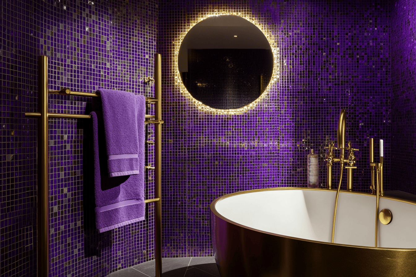 Salle de bains chic avec mosaïque violette et robinetterie dorée.