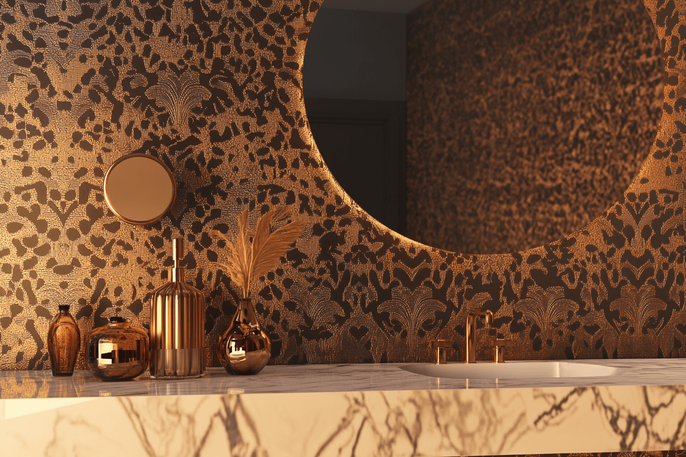 Salle de bain avec un mur en papier peint bronze et un meuble vasque sur pied en laiton.