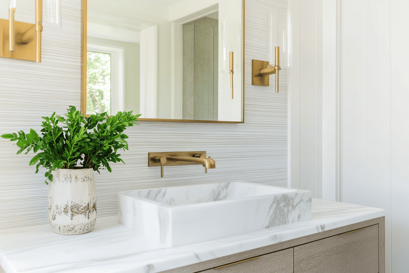 Salle de bain épurée avec une vasque en marbre et une crédence métallique bronze.