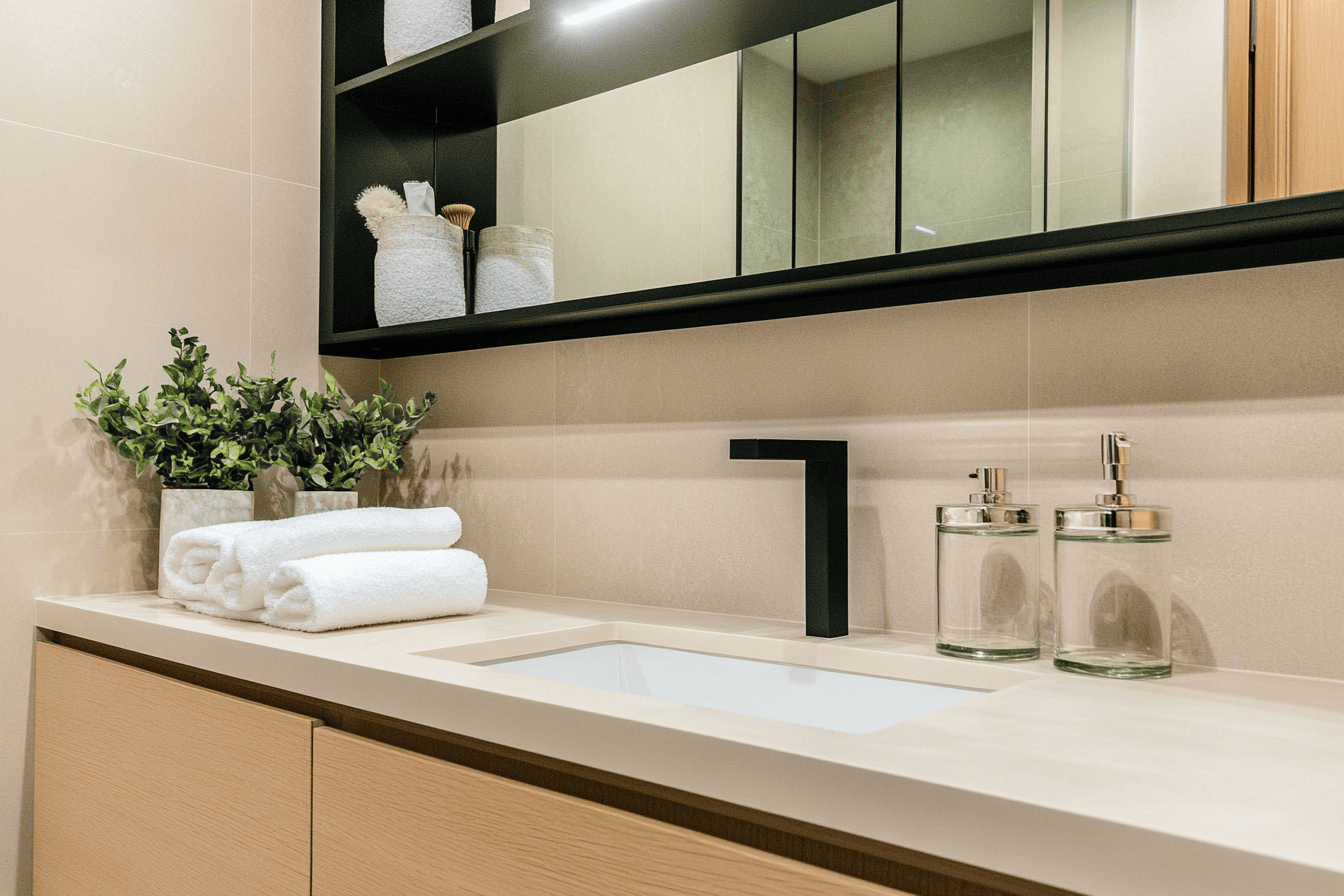 Salle de bain 3m² avec meuble vasque suspendu en bois clair et miroir rétroéclairé