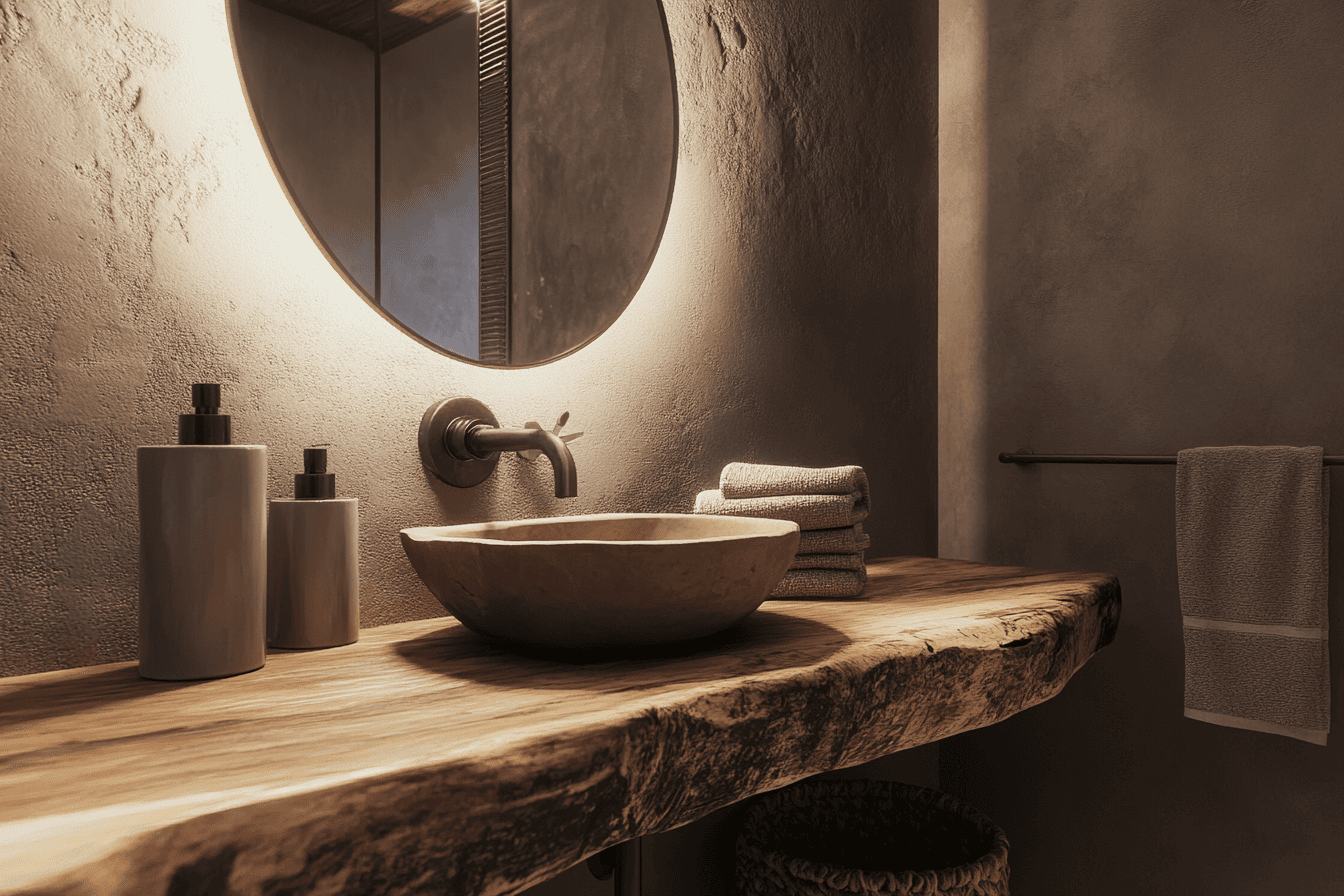 Salle de bain Wabi-Sabi avec meuble en bois recyclé et accessoires en céramique artisanale