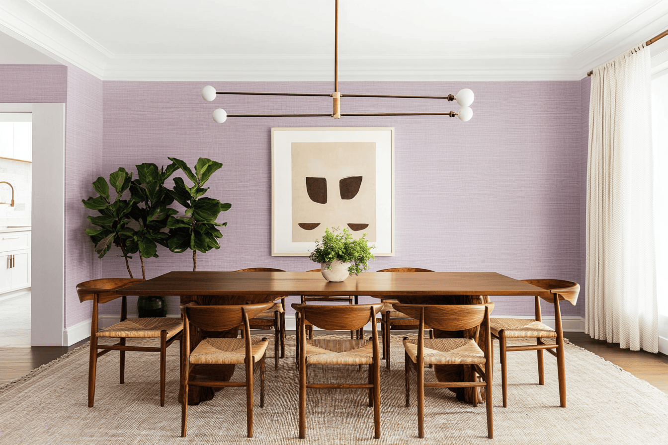 Salle à manger élégante avec murs parme clair et mobilier en bois naturel.
